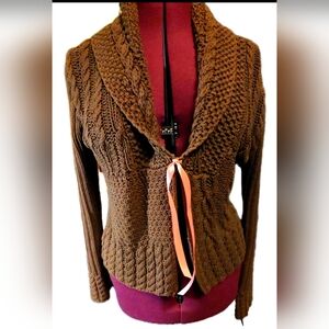 Rebecca Elliott Brown Chunky Cable Knit Wrap Cardigan Tie Front Chenille